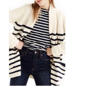J. Crew Long Open Oversized Striped Navy Cream Cardigan Wool Blend Size XS